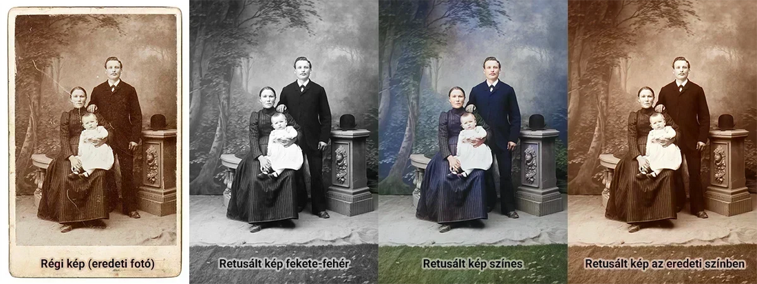 Fotó retusálás többféle opcióval. Balra az eredeti öreg, karcos fénykép. Mellette a retusált verziók: fekete-fehér, színes, vagy eredeti színekkel.