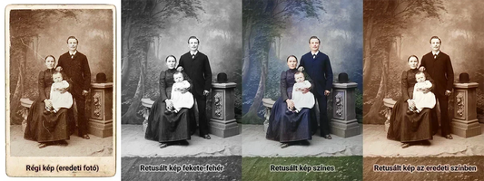 Fotó retusálás többféle opcióval. Balra az eredeti öreg, karcos fénykép. Mellette a retusált verziók: fekete-fehér, színes, vagy eredeti színekkel.