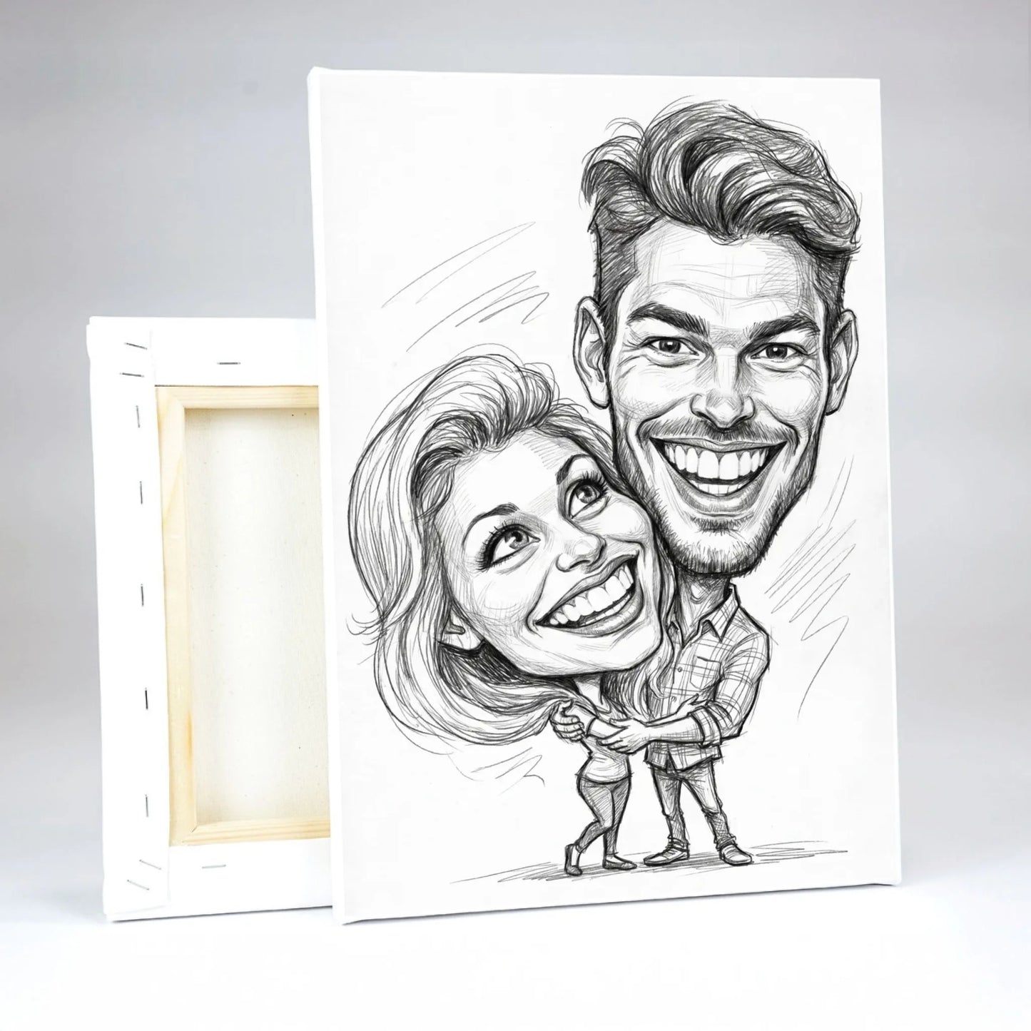 Ceruzarajzos karikatúra vászonkép fa vakrámára feszítve. Részletfotó, vászonkép hátulnézet.