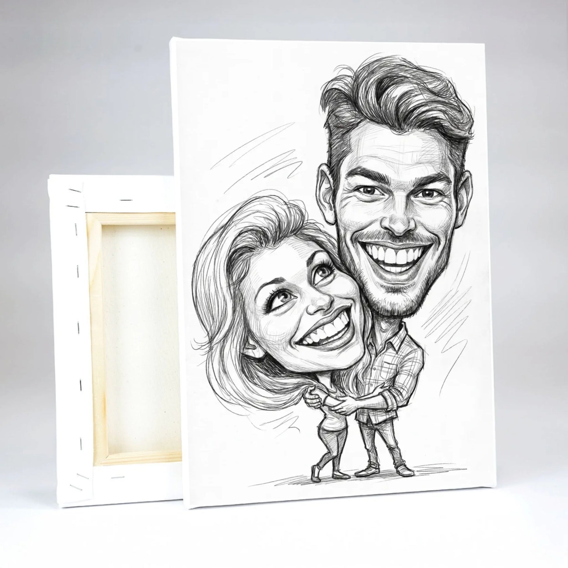 Ceruzarajzos karikatúra vászonkép fa vakrámára feszítve. Részletfotó, vászonkép hátulnézet.