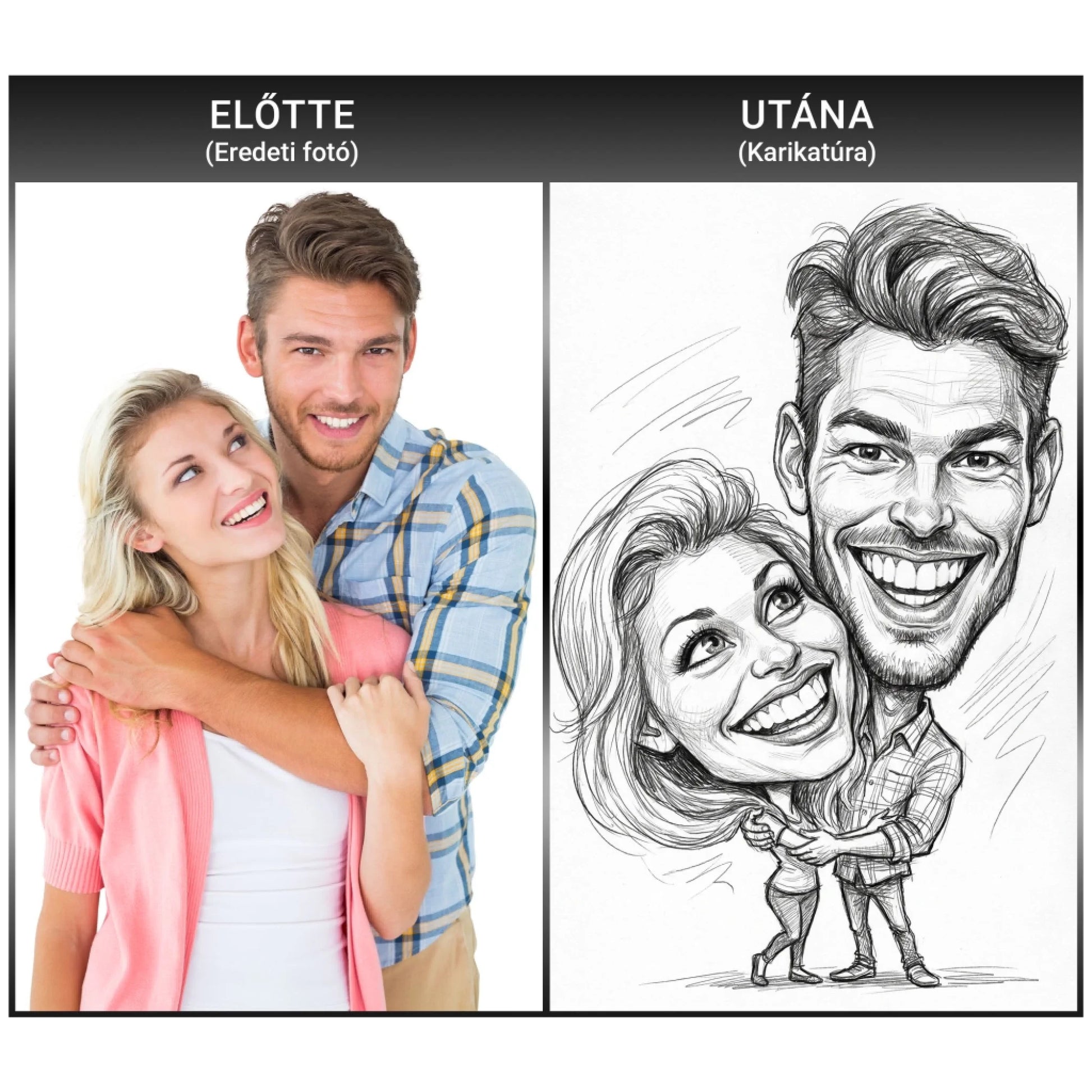 Karikatúra kép előtte-utána fotó. Készítsd el vászonképre!