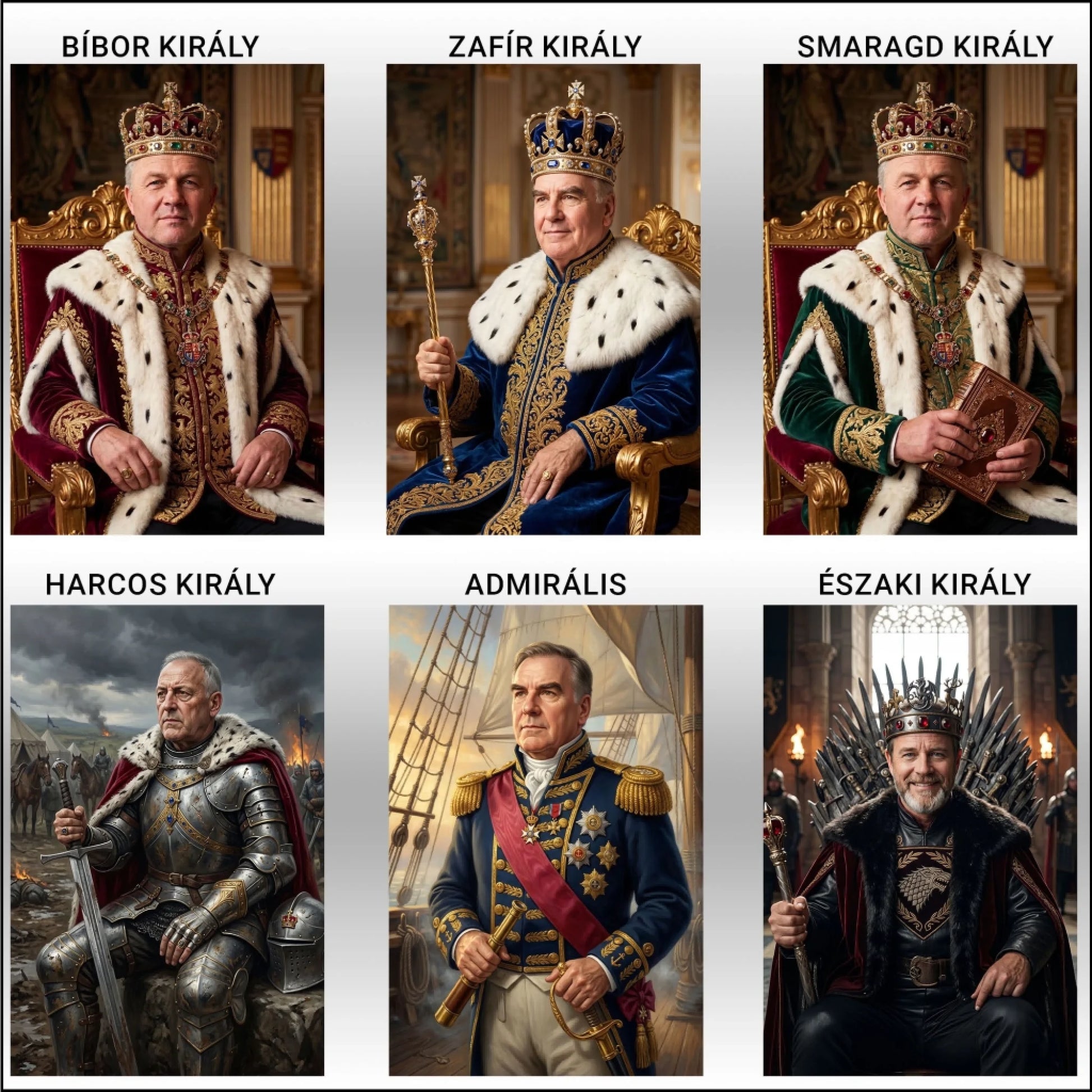 Királyi portré vászonkép - 6 féle választható stílus. Babor király, zafír király, smaragd király, harcos király, admirális, északi király
