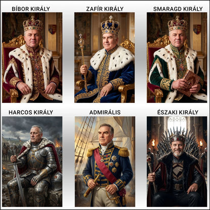 Királyi portré vászonkép - 6 féle választható stílus. Babor király, zafír király, smaragd király, harcos király, admirális, északi király